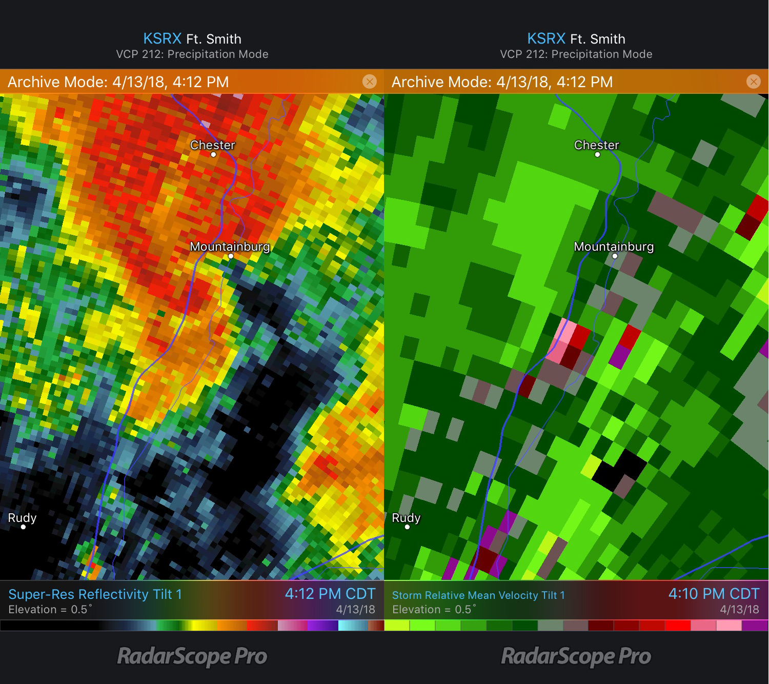 Mountainburg, AR tornado Reflectivity and Storm Relative Velocity