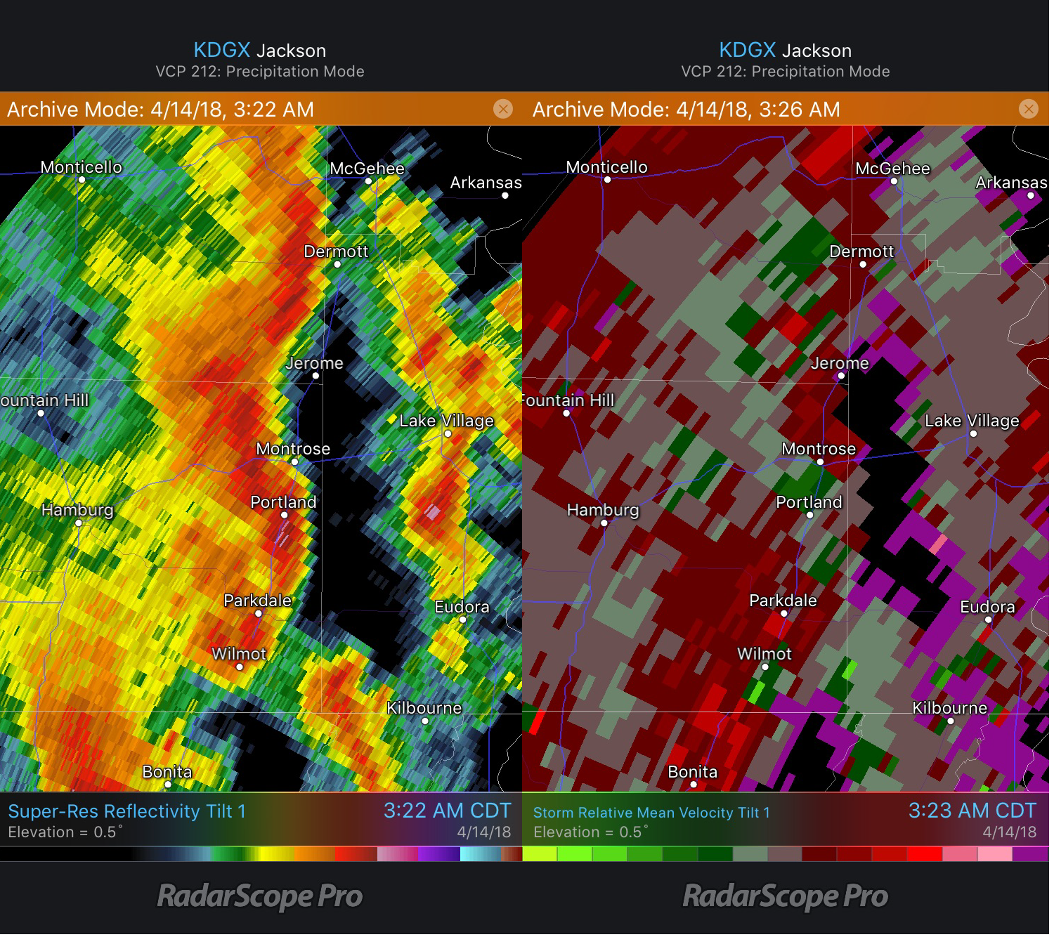 Montrose, AR Tornado Reflectivity and Storm Relative Velocity 4/14/18
