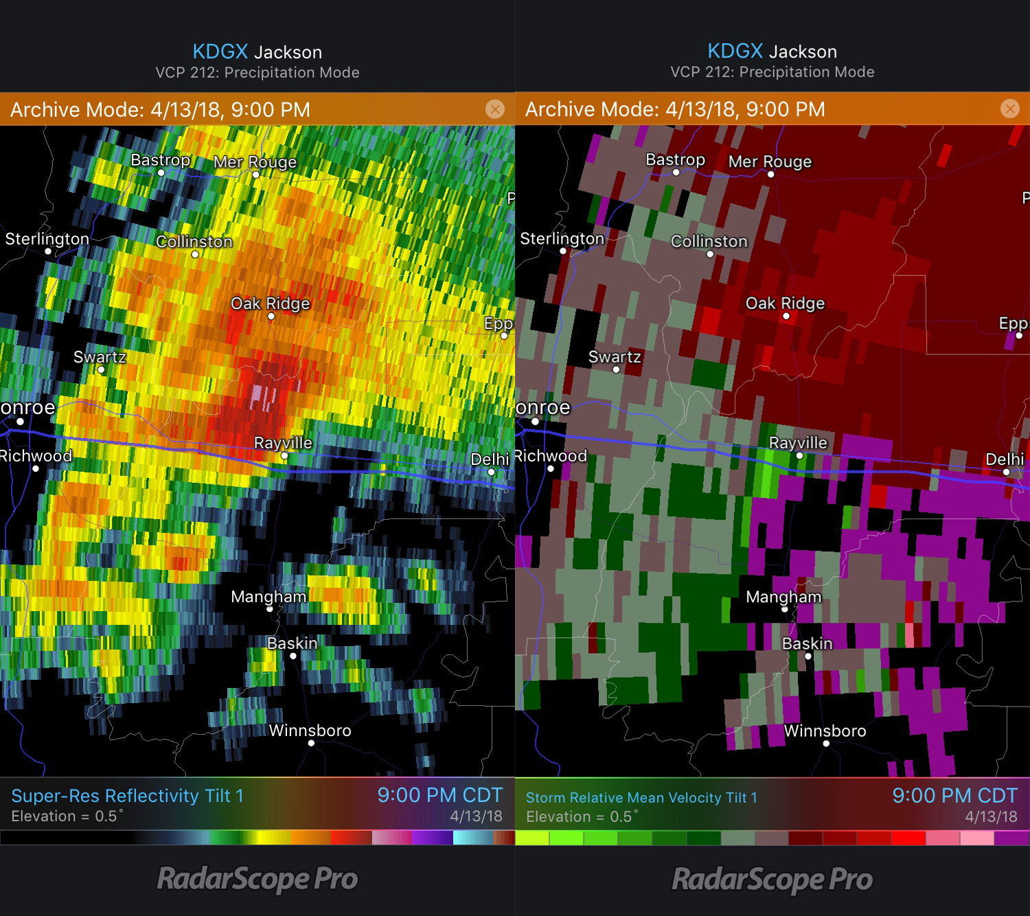 Rayville, LA tornado Reflectivity and Storm Relative Velocity 4/13/18 9pm CDT